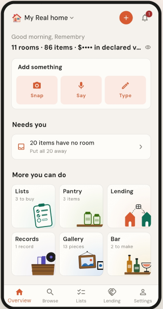 Remembry's Overview screen: 11 rooms, 86 items, buttons to Snap, Say or Type a new item, and tiles for Lists, Pantry, Lending, Records, Gallery and Bar.