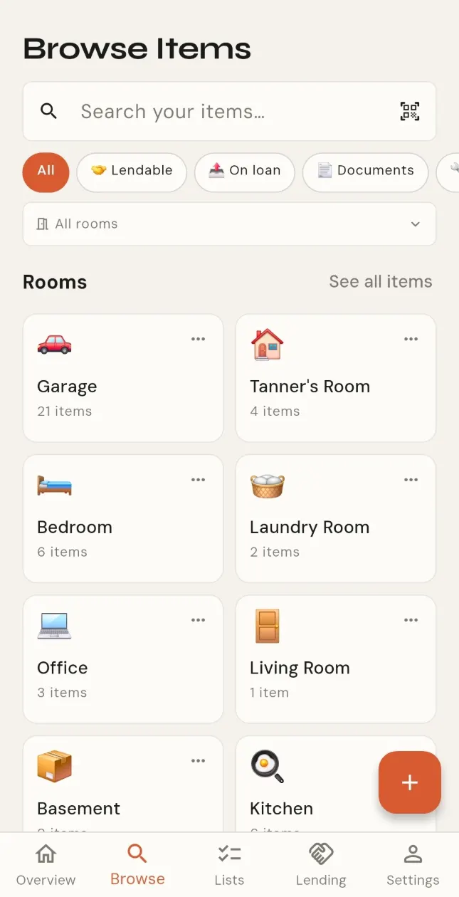 Browse showing a grid of rooms, each with an emoji, its name and how many items it holds.