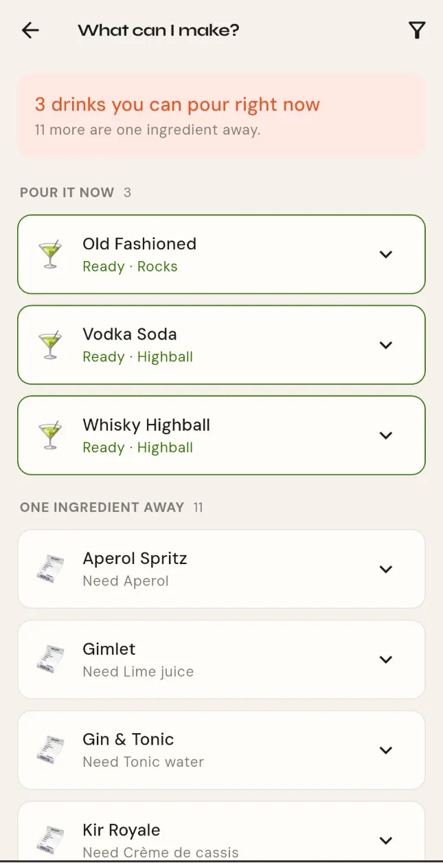 Drink recipes sorted by what the shelf can make, each naming the bottles it needs.