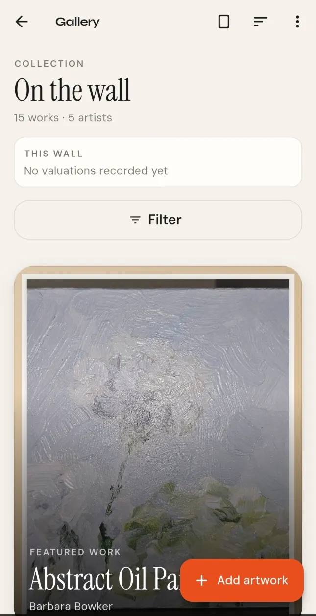 The gallery wall: framed pieces hung on a wall, each with a small label naming the work.