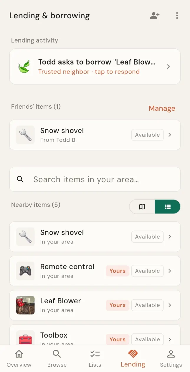 The Lending tab: a map with a few nearby items marked on it and a list of what neighbors are lending.