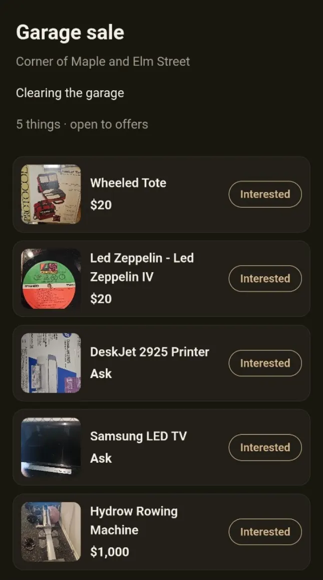 A garage sale page in a browser: five things with photos and prices, each with an Interested button.