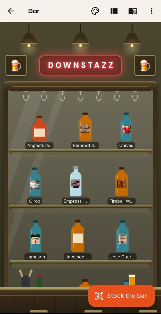 The bar: bottle silhouettes on a shelf, each wearing the label from its own photo.