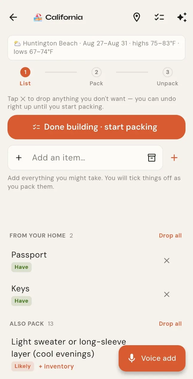 A packing list with items ticked off, each showing the room it lives in.
