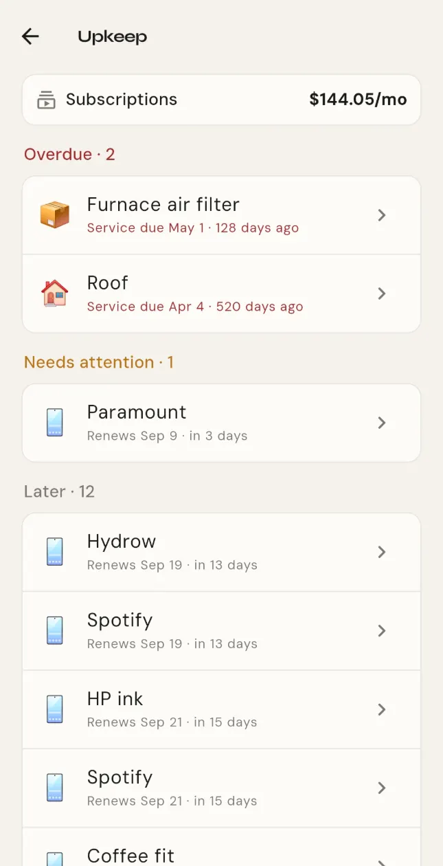 The Upkeep list: a subscription renewing, a filter due, a warranty ending and worn gear, soonest first.